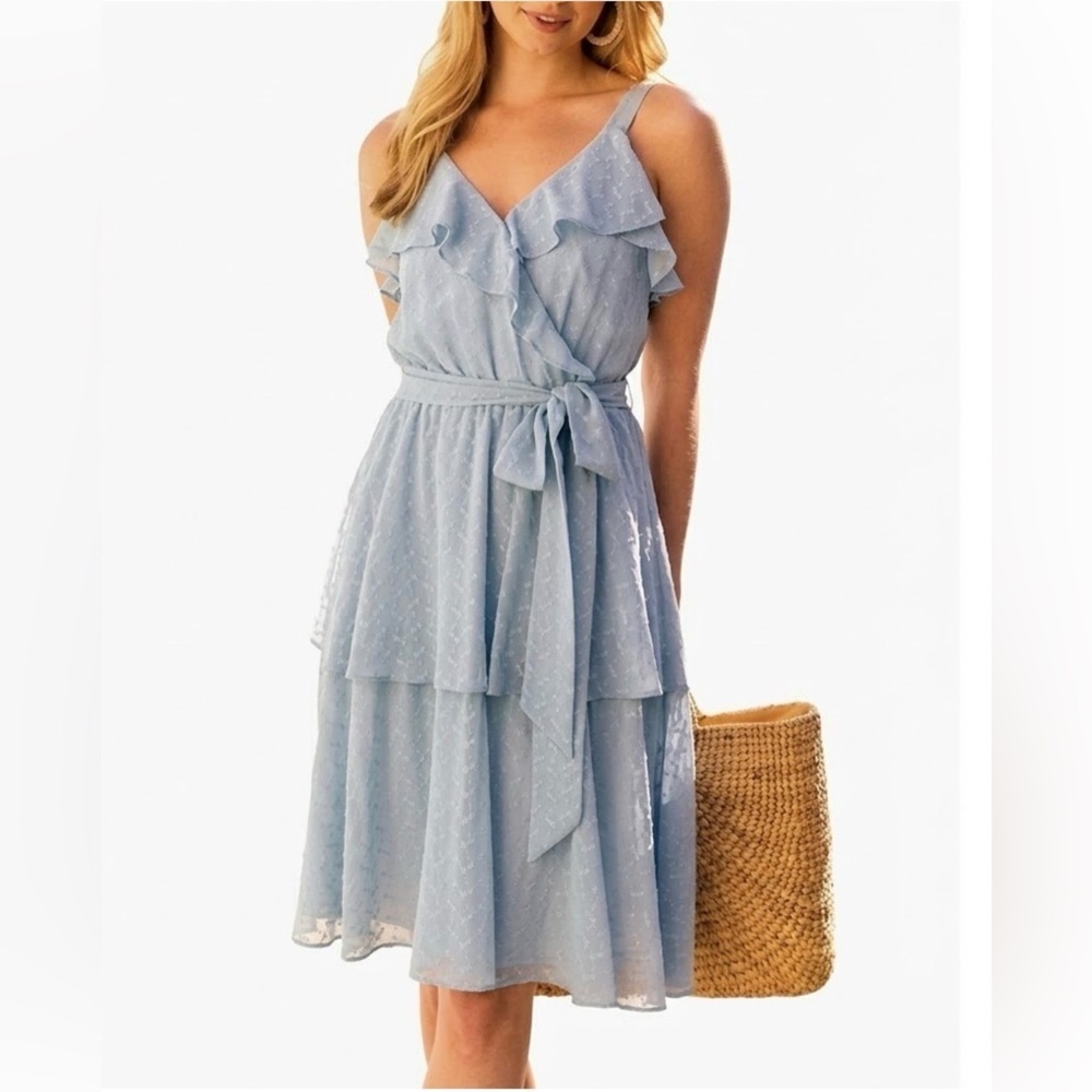 Gal Meets Glam Helena Dress Seabreeze Blue Embroidered Ruffle Wrap Tiered Sz 12